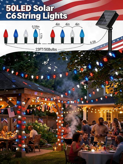 ITICdecor C6 Solar String Lights Outdoor Waterproof, 23FT 50LED Solar Strawberry Lights Decoration for 4th of July, 8 Lighting Mode for Tree Patio Party Decor(Red White&Blue)