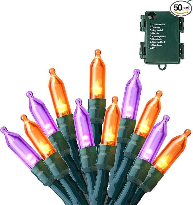 Joiedomi 16.3FT Orange&Purple Halloween Lights,50 Count Battery Operated Christmas String Tree Fairy LED Lights with 8 Modes,Multifunction Green Wire with Timer for Xmas Decor Party Holiday House