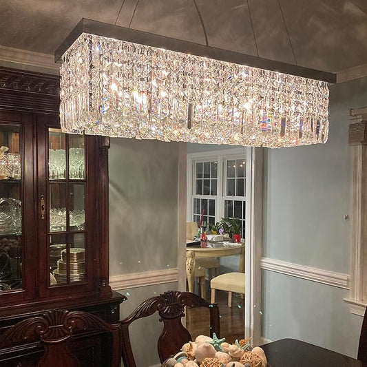Rectangular Chandeliers for Dining Room, Modern Rain Drop Chandeliers, Hanging Pendant Crystal Chandelier Light for Kitchen Island, Beautiful Ceiling Light Fixture for Cafes Office of CRYSTOP