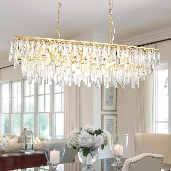 Linear Chandeliers for Dining Room, 12 Lights Rectangle Crystal Chandelier Modern Gold Pendant Light Fixture 40" for Dining Room Kitchen Table Living Room