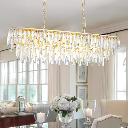 Linear Chandeliers for Dining Room, 12 Lights Rectangle Crystal Chandelier Modern Gold Pendant Light Fixture 40" for Dining Room Kitchen Table Living Room