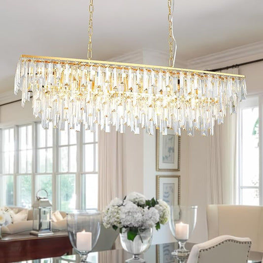 Linear Chandeliers for Dining Room, 12 Lights Rectangle Crystal Chandelier Modern Gold Pendant Light Fixture 40" for Dining Room Kitchen Table Living Room