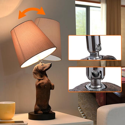 YANIC Lamp for Bedroom, Bedroom Nightstand, Classic Bedside Lamps, Lamps for Night Stands, Adjustable Angle Dog Statue Rocker Switch Brown Fabric Shade Mental Base (24112A)