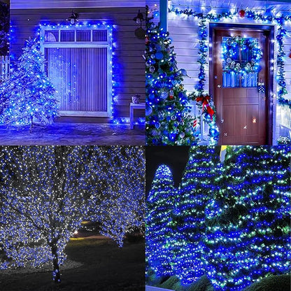 LAMPHOME 66FT 100 LED Blue White String Lights, 16 Modes Plug In Mini Fairy Lights, Waterproof Outdoor Christmas Lights for Hanukkah Xmas Tree Garland Bedroom Ocean Party July 4th Patriotic Decoration