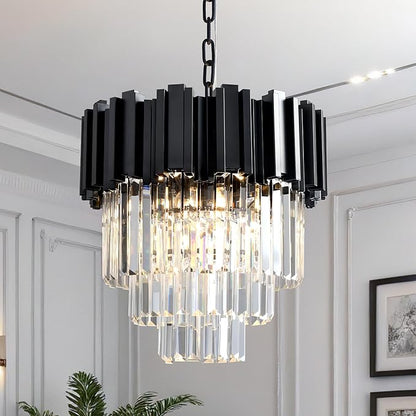 15.8" Black Crystal Chandelier, 5-Light Modern Chandelier, 3-Tier Round Pendant Light Fixture for Dining Room, Kitchen Island, Bedroom, Living Room, Foyer, Entryway, Small Crystal Chandeliers