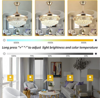 42" Invisible Ceiling Fan Chandelier with Light,Modern Crystal Ceiling Fan Light Remote Control 4 Retractable ABS Blades for Bedroom Living Dining Room Decoration (Golden)