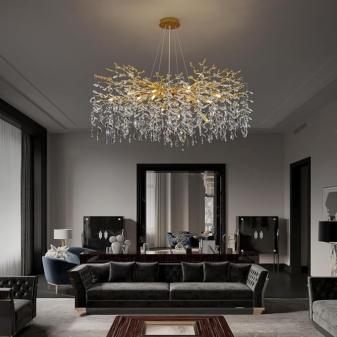 Crystal Tree Branches Chandeliers Round Raindrop Pendant Light Fixture 15 Lights for Dining Room Bedroom Living Room Entryway 39.5" Gold