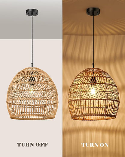 ELYONA 16” Large Boho Rattan Chandelier, Modern Rustic Wicker Pendant Light Fixtures, Basket Hand Woven Hanging Lamp for Coastal Kitchen Island Dining Room Living Room Bedroom Foyer (40cm*40cm)