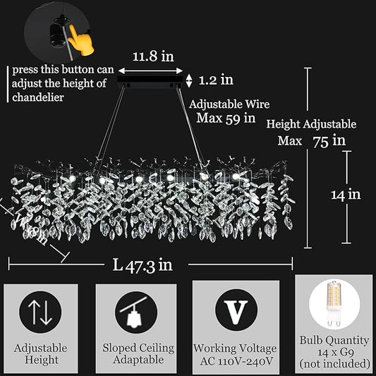 Modern Rectangle Crystal Tree Branch Chandelier, L47.3'' Luxury Black Linear Art Deco Raindrop Pendant Lighting Fixture for Kitchen Island Foyer Living Room Dining Room 14 Lights