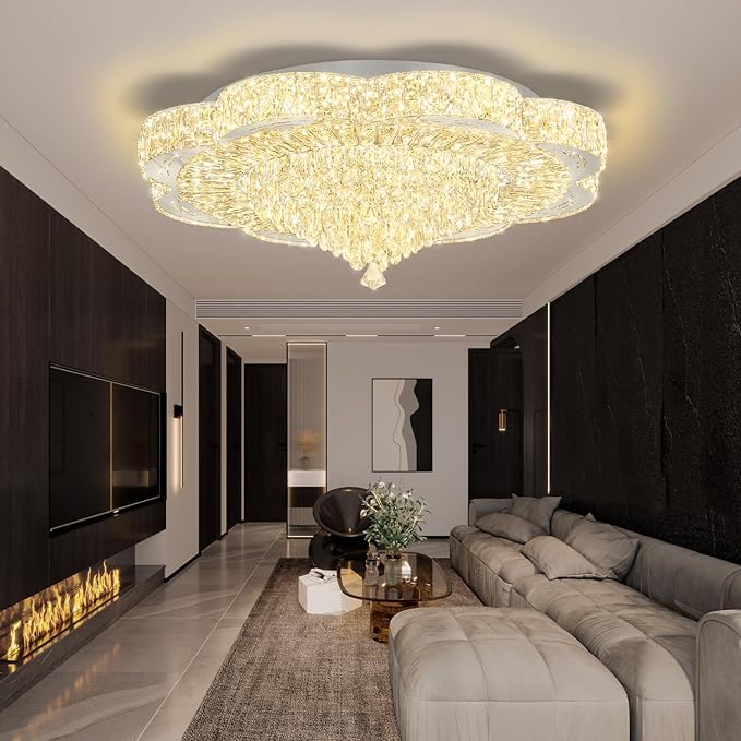 32in Modern Crystal handeliers for Living Room,Large Crystal Chandelier with Remote Control Flush Mount Chandeliers for Bedrooms Dining Room Dimmable 2700K-6000K