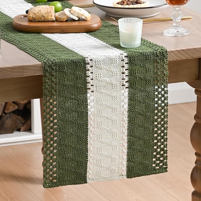 Artoid Mode Army Green Farmhouse Rustic Table Runner, Seasonal Hollow Kitchen Dining Table Decoration for Home Party Decor 12x72 Inch