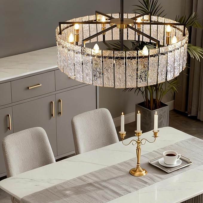 31.5" Modern Round Drum Chandelier Luxury 8-Light Round Large Gold Chandelier Lighting Fixtures Water Ripple Glass Chandeliers for Living Room Dining Room Hotel Foy
