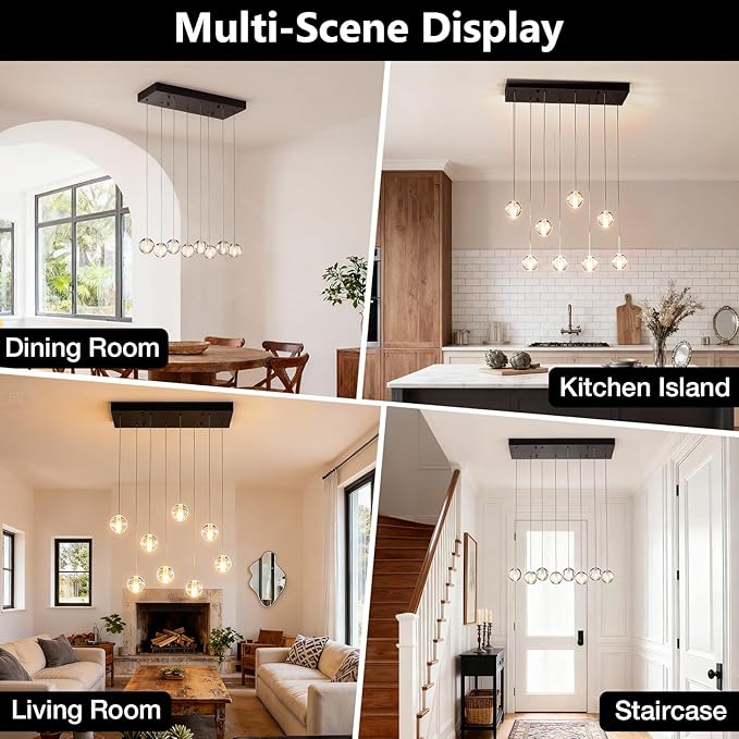 8 Lights Black Raindrop Rectangle Chandelier, Modern Bubble Crystal Chandelier for Dining Room, Large Pendant Light for High Ceilings Staircase Foyer Entryway Living Room Kitchen Island