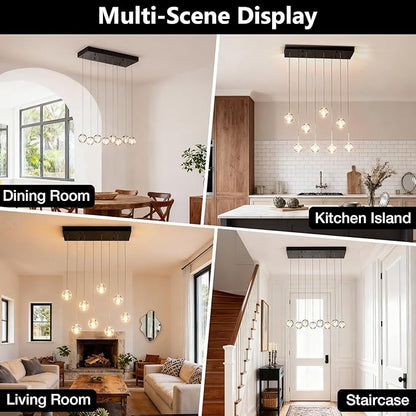 8 Lights Black Raindrop Rectangle Chandelier, Modern Bubble Crystal Chandelier for Dining Room, Large Pendant Light for High Ceilings Staircase Foyer Entryway Living Room Kitchen Island
