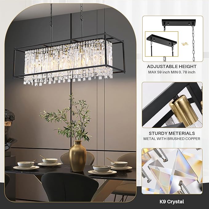 Modern Black Crystal Chandeliers For Dining Room, 36" Large Rectangle Water Ripple Glass Pendant Elegant Linear Lighting for Kitchen Island Dining Room LivingRoom Flat Inclined Ceiling,L36 x W11 x H19