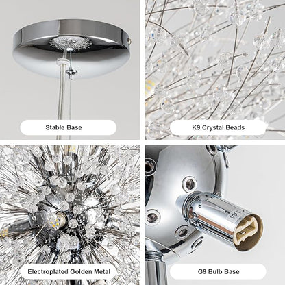 SineRise Modern Crystal Chandeliers Firework, Crystal Light Fixture, Dandelion Chandelier (9-Light, Chrome) for Foyer Hallway Entryway Kitchen Bedroom (Bulbs Not Included)