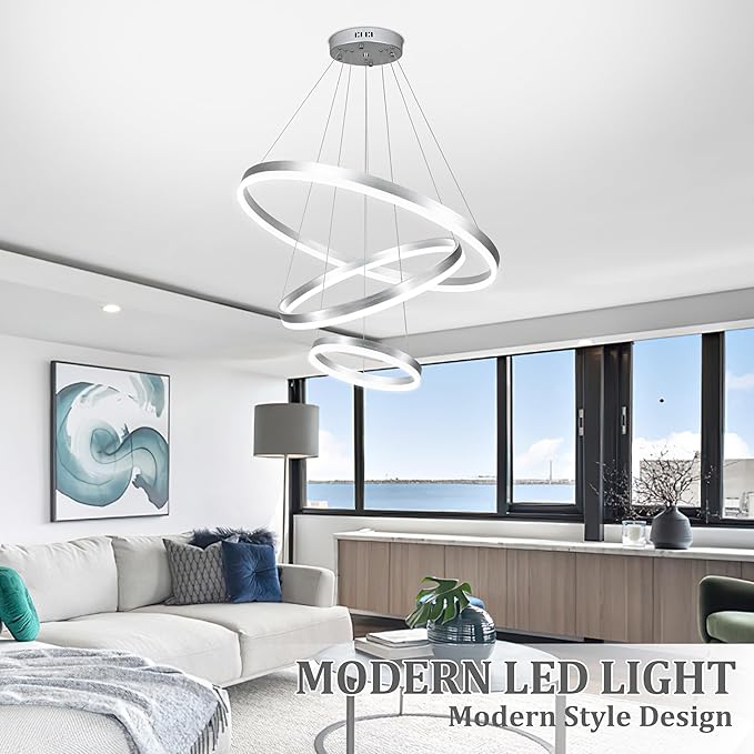 31.5" Nickel Modern Led Chandelier 3 Ring Modern Led Pendant Light Contemporary Ring Chandeliers Dimmable Chandeliers Color Temperature Adjustable Height Hanging Chandelier for Entryway