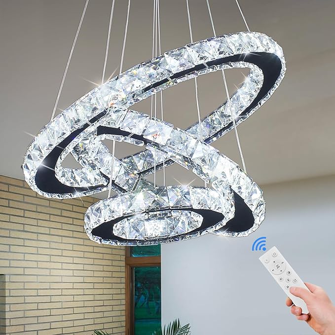 Modern Dimmable LED Chandelier 3 Rings Crystal Chandelier with Remote Stainless Steel Adjustable Pendant Light for Living Dining Room Bedroom