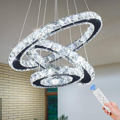 Modern Dimmable LED Chandelier 3 Rings Crystal Chandelier with Remote Stainless Steel Adjustable Pendant Light for Living Dining Room Bedroom