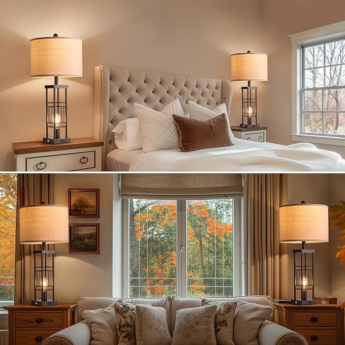 Reaketon Table Lamp for Living Room Set of 2 with USB Charging Ports, 3-Way Dimmable 27.6" Farmhouse Lamps for Bedroom, Rustic Bedside Lamp, Industrial Nightstand Lamps, Bulbs Included