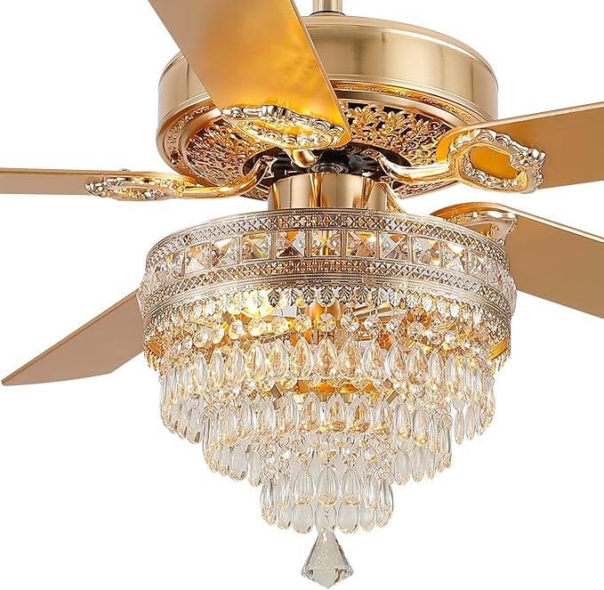 52“Crystal Ceiling Fan Fandelier with Lights - Modern Golden Crystal Chandelier Fans with Remote Control，Retro/Farmhouse Lighting, Dining Room,Living Room Ceiling Fan Light with Noiseless DC Motor
