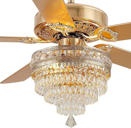 52“Crystal Ceiling Fan Fandelier with Lights - Modern Golden Crystal Chandelier Fans with Remote Control，Retro/Farmhouse Lighting, Dining Room,Living Room Ceiling Fan Light with Noiseless DC Motor