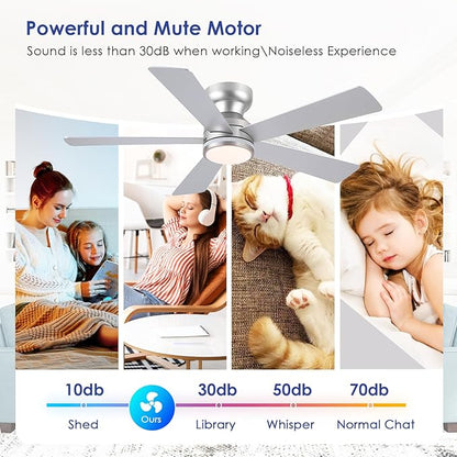 RGB Ceiling Fans with Lights, 46" Flush Mount Ceiling Fan with Remote APP, RGB+3CCT Dimmable Led Light, Reversible 6 Wind Speeds&2H Timer, Low Profile Modern Fan Light Fixture for Bedroom Party Silver