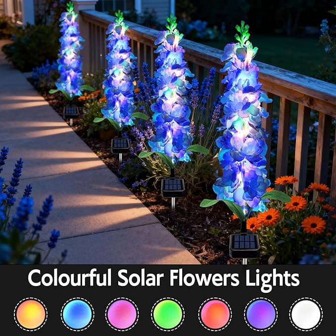 MRHEPHAESTUS Solar Garden Lights, Solar Blue Delphinium Flowers Lights 8 Pack 160 LEDs, Waterproof Outdoor Light Two Lighting Modes for Outside Wedding Party Garden Yard Patio Lawn Decor