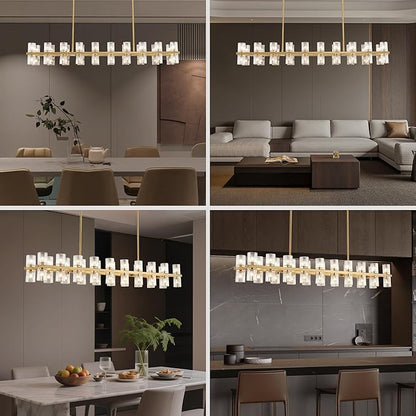 Gold Rectangular Crystal Chandelier for Dining Room, 53 in Light Fixture Chandelier Over Table, Modern Crystal Chandelier Pendant Light for Kitchen Island Living Room