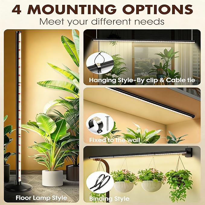 Vertical Grow Lights for Indoor Plants Full Spectrum 36W, 57 Inch Plant Lights for Seed Starting with Timer and 10 Level Dimmable Standing Plant Growing Lamp for Greenhouse with Hanging Accessories