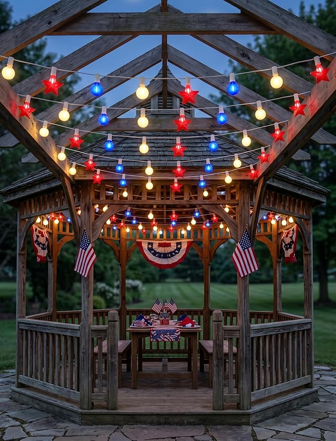 19Ft 4th of July Lights Outdoor, Waterproof Red White and Blue String Lights Plug in Connectable for Patriotic Porch Bistro Backyard Party Independence Day Decorations, E12/C7 Base Lights