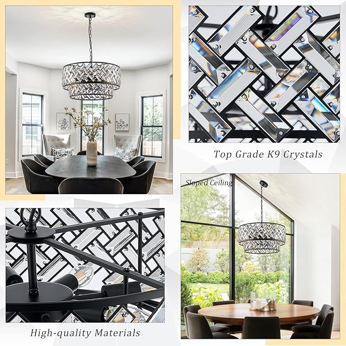 CATINER Black Crystal Chandelier, 8-Light Drum Semi Flush Mount Ceiling Light, 24'' Modern Crystal Pendant Chandelier for Dining Room, Living Room, Bedroom, Kitchen, Foyer
