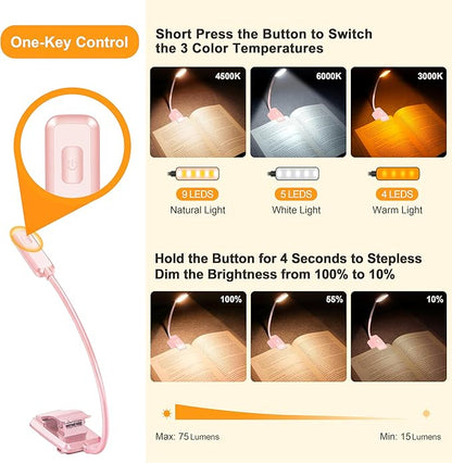 Gritin 9 LED Rechargeable Book Light for Reading in Bed - Eye Caring 3 Color Temperatures,Stepless Dimming Brightness,80 Hrs Runtime Small Lightweight Clip On Book Reading Light for Studying-Pink