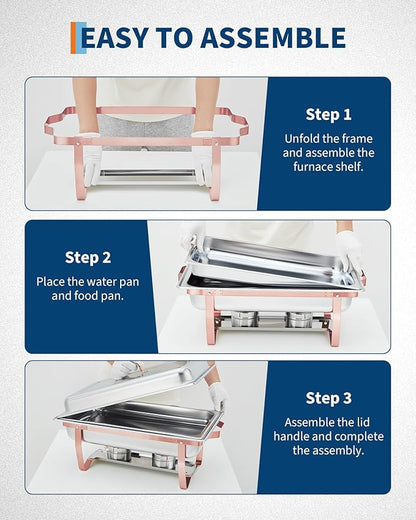 Garvee Chafing Dishes for Buffet Set of 2, 8QT Buffet Servers and Warmers Set with Lid & Foldable Frame, Rectangular Stainless Steel Chafer Food Warmer for Parties Wedding Catering Supplies, Rose Gold