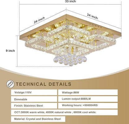 24 inch Flush Mount Chandelier Crystal Ceiling Light with Remote Control/APP, 3CCT Dimmable&Brightness Adjustable, Modern Crystal Raindrop Gold Chandeliers for Bedroom Hallway Dinning Room Living Room