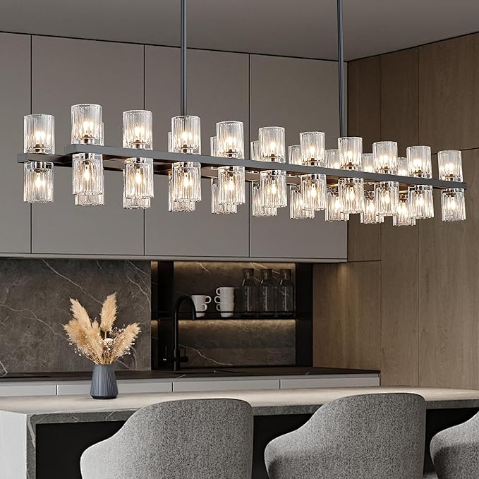 Black Rectangular Crystal Chandelier for Dining Room, 53 in Light Fixture Chandelier Over Table, Modern Crystal Chandelier Pendant Light for Kitchen Island Living Room