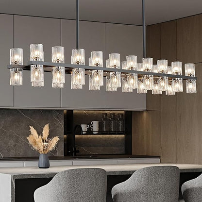 Black Rectangular Crystal Chandelier for Dining Room, 53 in Light Fixture Chandelier Over Table, Modern Crystal Chandelier Pendant Light for Kitchen Island Living Room