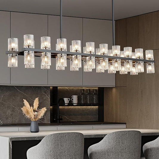 Black Rectangular Crystal Chandelier for Dining Room, 53 in Light Fixture Chandelier Over Table, Modern Crystal Chandelier Pendant Light for Kitchen Island Living Room