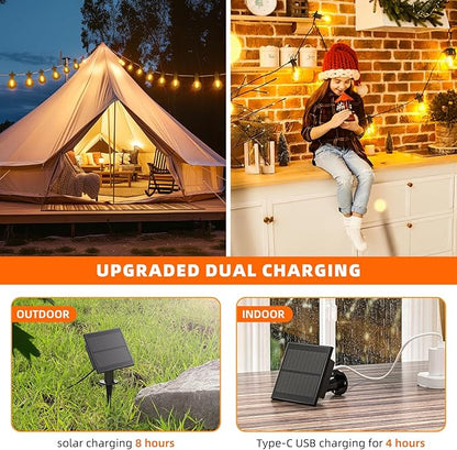Kawaya Outdoor Solar String Lights, IP65 Waterproof Shatterproof Edison Hanging Lights with USB-Charging LED Solar Patio Light for Yard Fence Porch Camping Party and Garden Decor