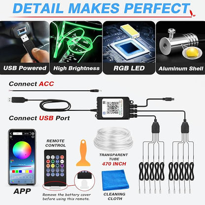 MICTUNING Car LED Interior Strip Light, 10 in 1 RGB Multicolor with 470 inches Fiber Optic Ambient Lighting Kits with Remote and APP Control, Car USB LED Strip Lights with Music Sync Mode