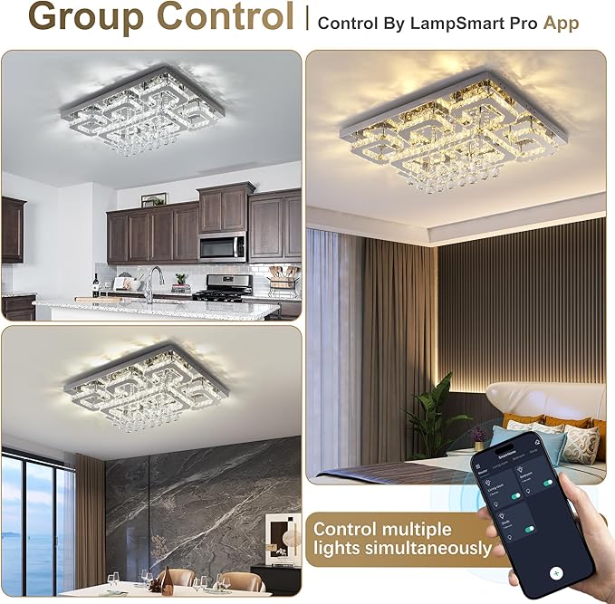 32 inch Flush Mount Chandelier Crystal Ceiling Light with Remote Control/APP,3CCT Dimmable&Brightness Adjustable, Modern Crystal Raindrop Silver Chandeliers for Bedroom Hallway Dinning Room LivingRoom