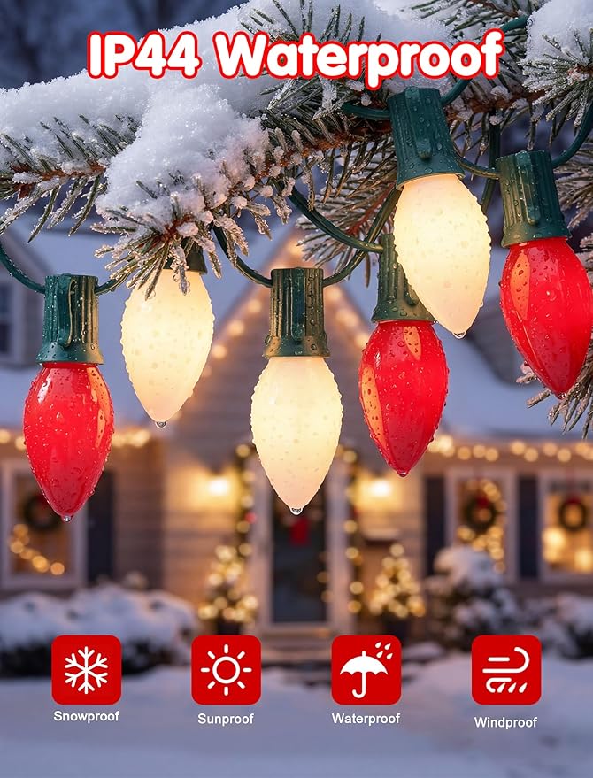 Christmas Multicolor String Lights, Vintage red White Christmas Decor with 26 Red/White Bulbs, 25FT UL Certified C9 Bulb String Lights Connectable for Outdoor Xmas Tree Garden Patio Wedding Decoration