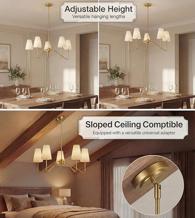 Electro bp;30" Dia 5-Arm Classic Chandeliers Polished Gold with White Linen Shades,Ceiling Light Fixture for Dining Room,Living Room,Entryway,E12,200W