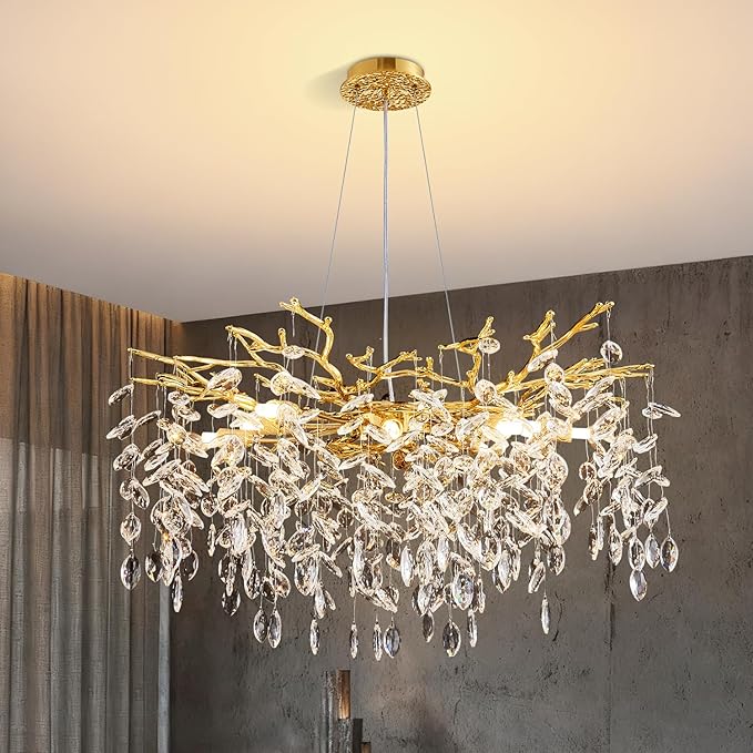 Modern Tree Branch Crystal Chandelier 30" Gold Luxury Large Pendant Lighting 10-Light Contemporary K9 Crystal Chandeliers for Dining Room Kitchen Living Room Foyer Entryway (Gold, D30-Round)