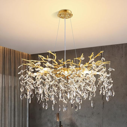Modern Tree Branch Crystal Chandelier 30" Gold Luxury Large Pendant Lighting 10-Light Contemporary K9 Crystal Chandeliers for Dining Room Kitchen Living Room Foyer Entryway (Gold, D30-Round)