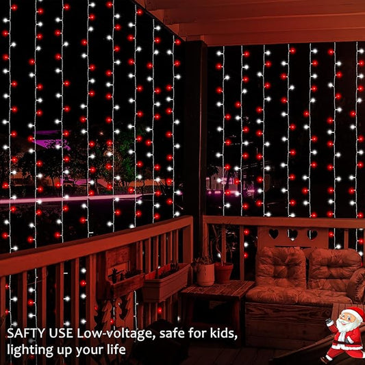 Red White Battery Curtain Lights 300LEDs Christmas Curtain Lights 9.8(L) x9.8ft(H) Christmas Lights Candy Cane Curtain Light with Remote Control 8 Modes Timer Built in for Holiday Decoration