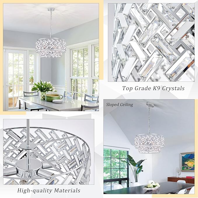 20'' Modern 6-Light Chrome Crystal Pendant Chandelier, Luxury Round Semi Flush Mount Ceiling Light for Living Room, Dining Room, Kitchen, Foyer, Bedroom