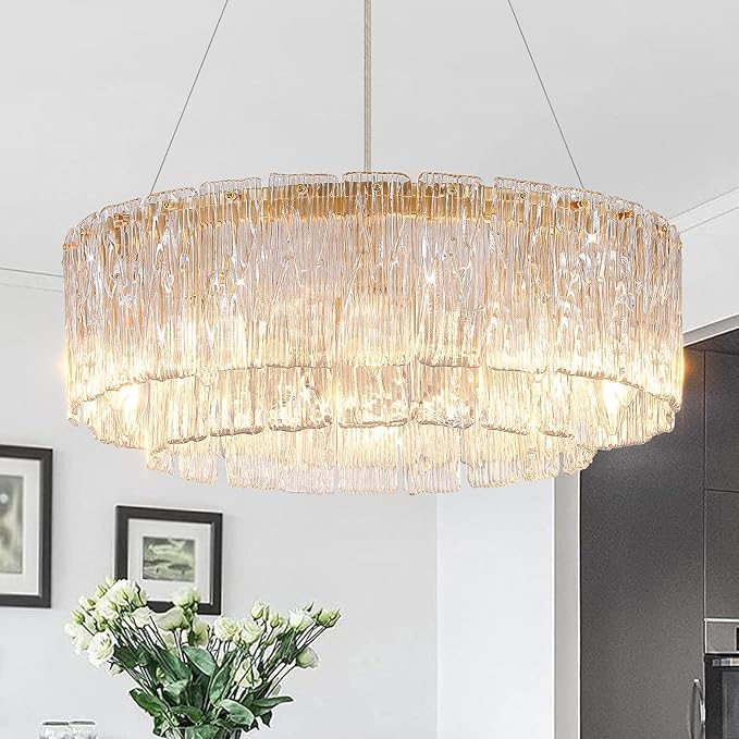 CATINER Gold Chandeliers 24”Modern Crystal Glass Round Chandelier 10-Light Drum Pendant Ceiling Light Fixtures Luxury 2 Tiers Hanging Chandelier for Dining Room Foyer Living Room Bedroom