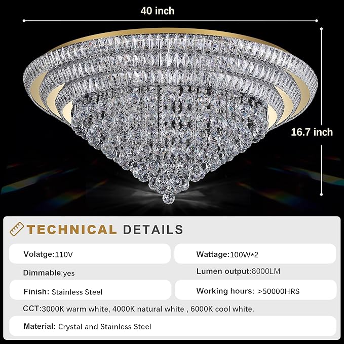 Miuyhji 40" LED Crystal Raindrop Ceiling Light,Rose Gold, Large Elegant Semi Flush Mount Chandelier Light Fixture with Remote Control for Living Room Kitchen Bedroom Hallway Entryway Foyer(Dimmable)