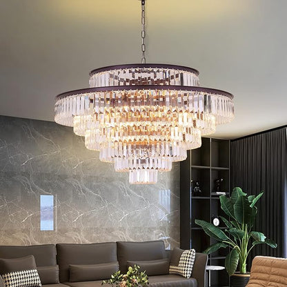 39" Large Modern Oil Brown Crystal Chandelier, 7-Tier Luxury Ceiling Light with Clear Crystal Prisms, Oversized Round Pendant Lighting for Dining Room Dining Room Living Room Foyer